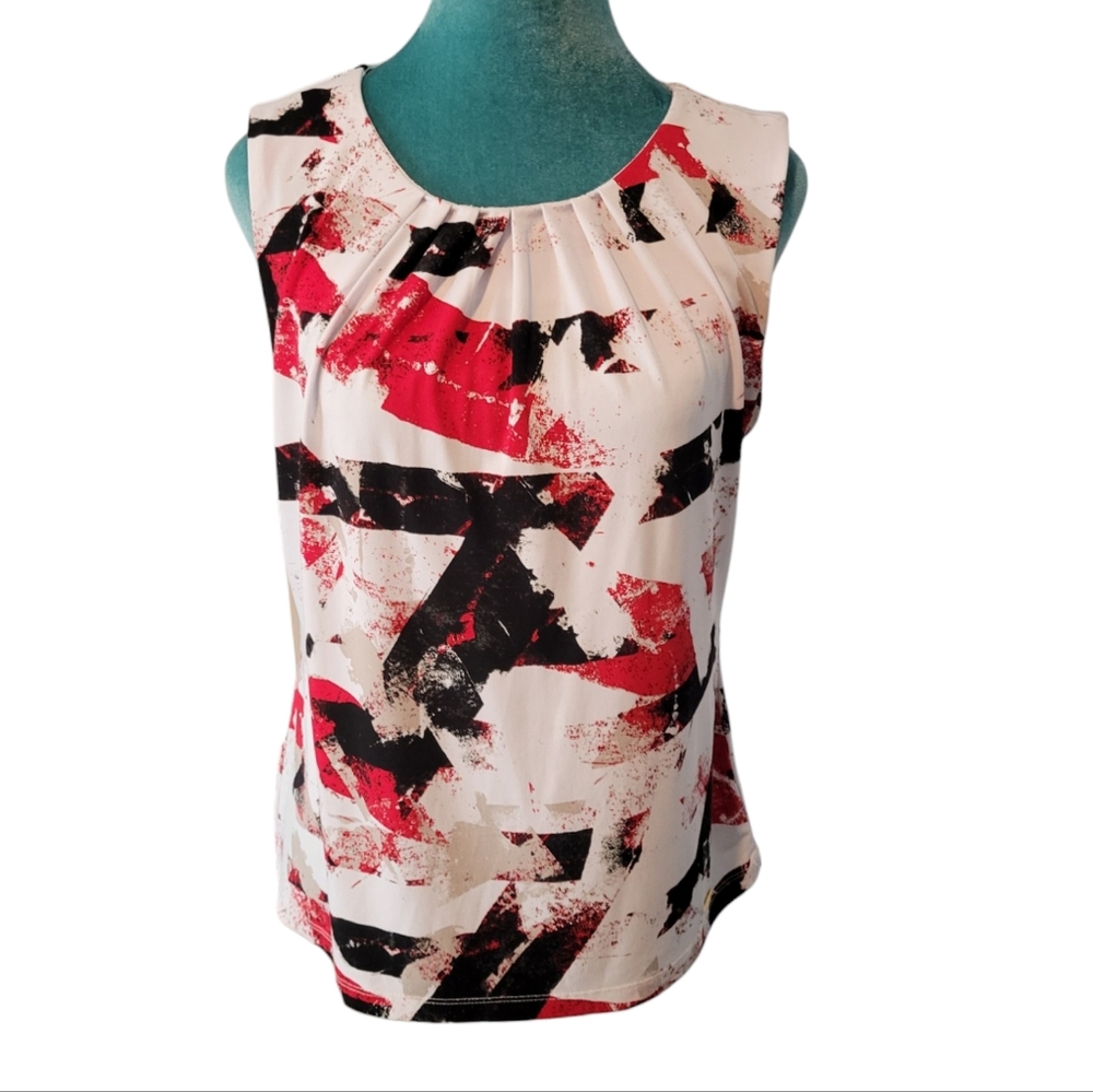 😁Calvin Klein Womens Red Black White Sleeveless Blouse Size Petite Large